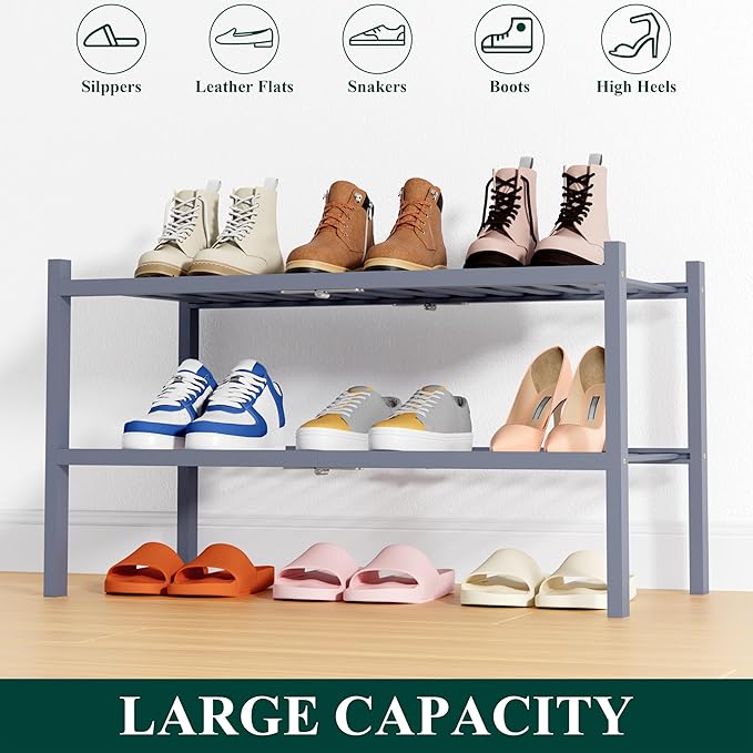 Smiry Shoe Rack, 2 Tier Thick Bamboo Shoe Organizer, Stackable Free Standing Wooden Shoe Storage Shelf for Closet, Entryway, Front Door Entrance, Grey-NeatNest