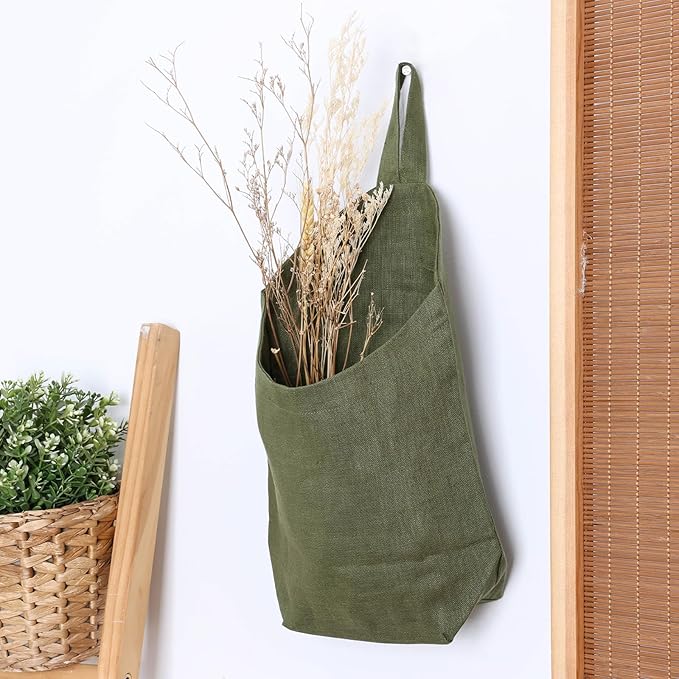 100% Linen Hanging Storage Bags Baskets 2 Pcs, Small Wall Storage Bag for Kitchen, Bedroom, RV Camper Organizer, Sewing Room, Nursery Storage, Kids Room, Army Green
