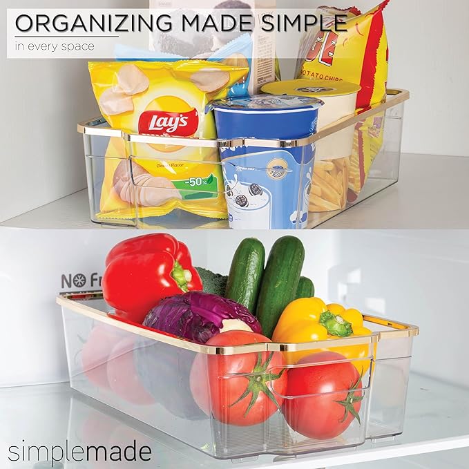 SIMPLEMADE Clear Refrigerator Organizer Bins - Clear Bins for Fridge, Containers for Fridge and Freezer, Multipurpose Storage for Kitchen, Office, Bathroom, Gold Rim (8.5" x 14.6")