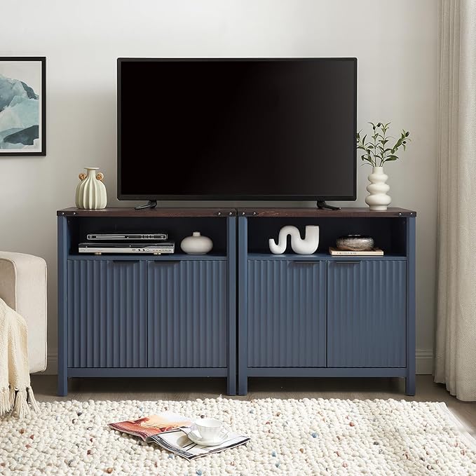 32 Inch Fluted Sideboard Buffet Cabinet with Storage, Modern Farmhouse Accent Credenza with Adjustable Shelves, Coffee Wine Bar Organizer for Kitchen, Entryway, Living Room, Navy Blue