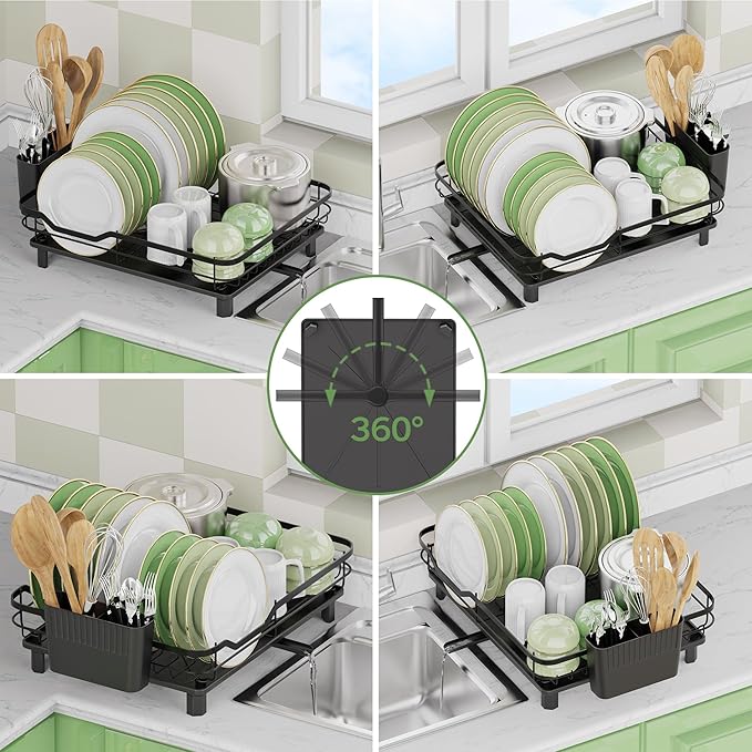 Dish Drying Rack, Stainless Steel Rustproof Dish Rack for Kitchen Counter, Sturdy Dish Drainer with Drainboard, Drainage, Utensil Holder for Various Kitchenware, 16.2"(L) x 12.6"(W), Black