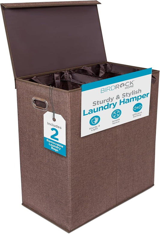 BIRDROCK HOME Laundry Hamper with Lid | Removable Bags for Sorting Clothes | Sectioned Laundry Basket for Bedroom & Bathroom | Collapsible Storage Bin with Cover | Double, Brown-NeatNest