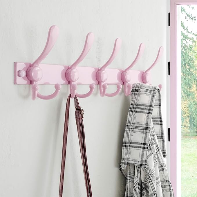 Dseap Coat Rack Wall Mount 2.0 Pro: Heavy Duty 300% Thicker, 16" Stud Mount, Stainless Steel Wall Coat Hooks Hanger for Clothes Jackets Hats Entryway Closet, MaxStrong Series, Pink