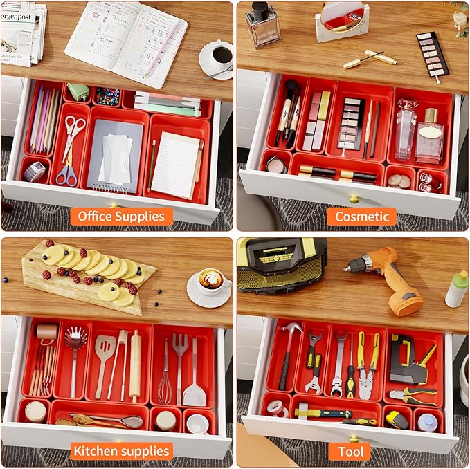 45 Pack Desk Drawer Organizer Tray, 3 Sizes Plastic Drawers Organizer Storage for Kitchen, Bathroom, Office, Vanity, Makeup, Utensils, Junk Drawer Organizer Bins, Gadget Trays for Organizing, Red-NeatNest