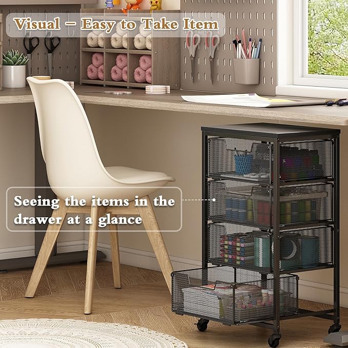 Metal Art and Craft Storage Organization Cart 4-Drawers Utility Rolling Carts With Lockable Wheels&Wooden Tabletop Art-Craft Supplies For Classroom,Office,Make-up,Kitchen,Bedroom,14"L x 11"W x 27.55"H