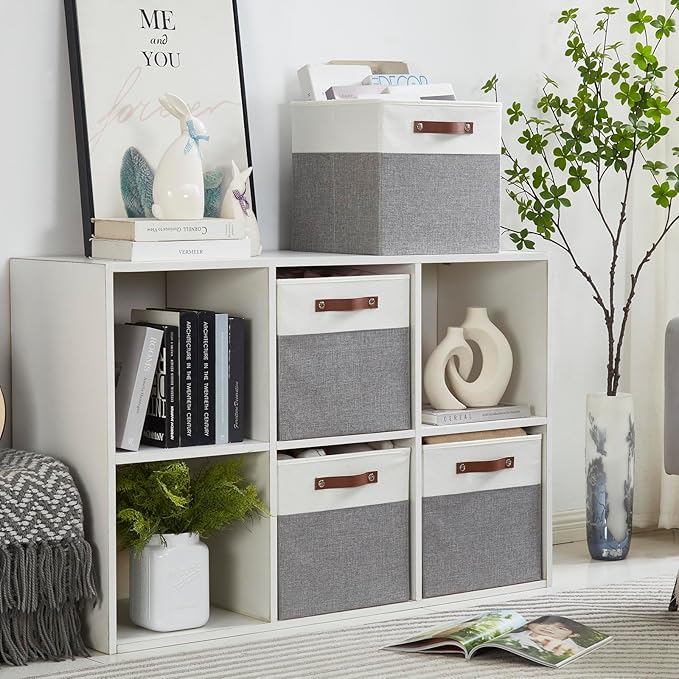 Collapsible Fabric Storage Cube Bins with 2 Reinforced PU Handles, Foldable Storage Organizer Baskets for Closet, Shelves, Living Room | 13"x13"x13", 4 Pack, Gray & White-NeatNest