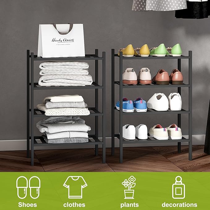 BMOSU 4-Tier Bamboo Small Shoe Rack Premium Stackable Shoe Shelf Storage Organizer for Hallway Closet Living Room Entryway Organizer (Black Bamboo)-NeatNest