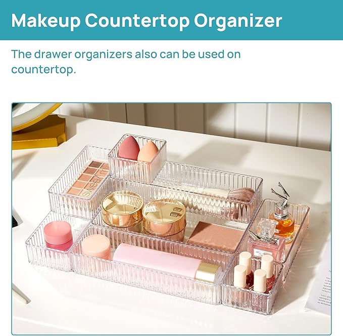 Vtopmart 7 PCS Clear Drawer Organizers Bins, 4-Size Stackable Makeup and Vanity Drawer Organizer Trays, Acrylic Bathroom Drawer Storage Containers for Cosmetic, Office Supply, Kitchen Utensils Gadgets-NeatNest