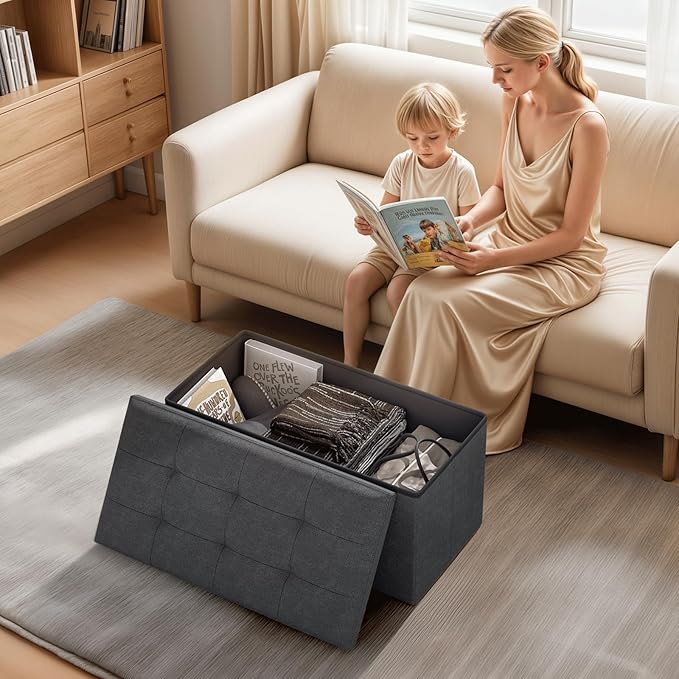 Ottoman Folding Storage Bench, 30x15x15 Inch, Foot Rest Stool for Living Room, Bedroom, Entryway, End of Bed - Multi-Functional Ottoman with Storage Dark Gray