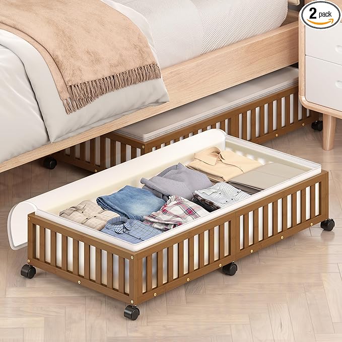 Bamboo Under Bed Storage Containers with Wheels, 2 Pack Large Under the Bed Shoe Storage Bins, Wood Rolling Underbed Drawers Organizer for Bedroom Closet Clothes Blanket Under Crib Toy Walunt-NeatNest
