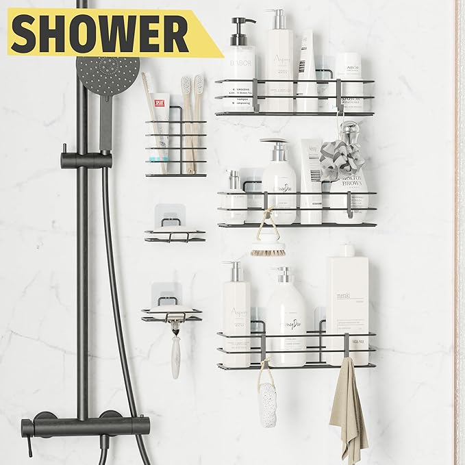 Dekula Adhesive Shower Caddy 6 Pack, Shower Shelves Organizer for Bathroom Storage, Rustproof Stainless Steel Bath Organizers, Kitchen, Adhesive or Screw, Soap Dish, Hooks, Wall Shelf