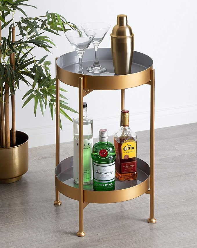 Kate and Laurel Nira Two-Tiered Mid-Century Side Table, 15" x 15" x 24", Gray and Gold, Chic Modern End Table for Storage and Decor
