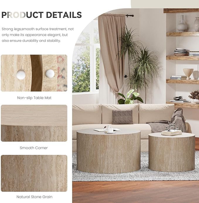 Modern Round Wooden Nesting Coffee Table Set of 2 Circle Tables with Non-Slip Feet, Accent Side End Table, Saving Space Design and No Need Assembly (B Large)