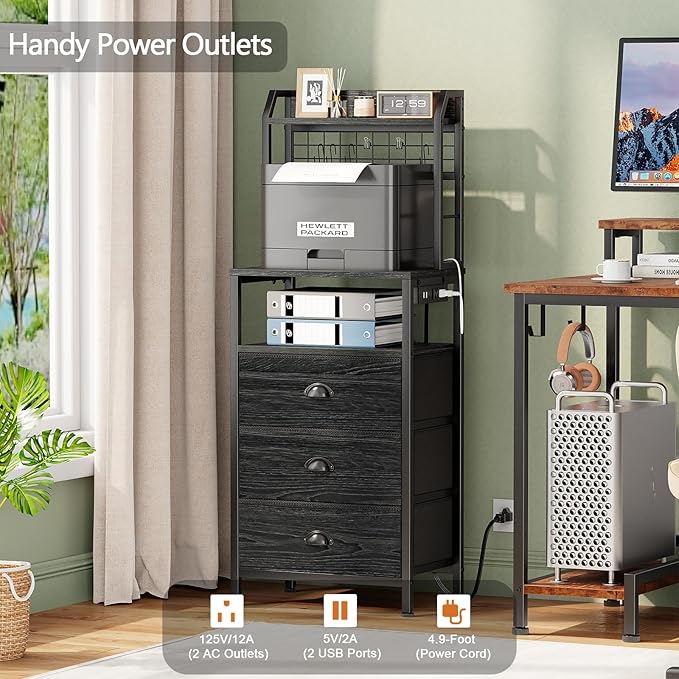 Furologee 44'' Tall Nightstand with Charging Station, Bedside Table with LED Lights, End Table with 3 Drawers and Storage Shelves, Night Stand with Pegboard for Bedroom, Black Oak