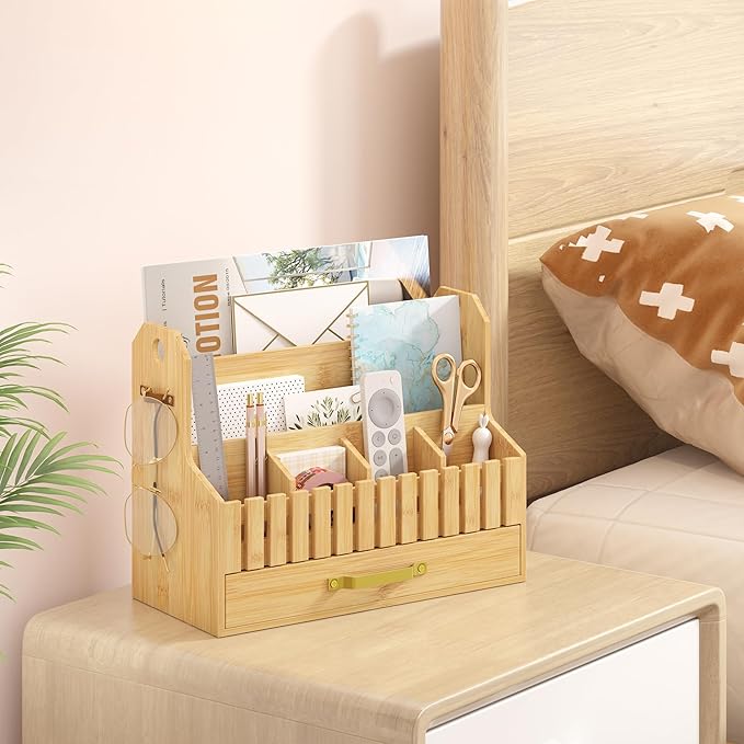 Bamboo Mail Organizer Countertop with Drawers, Wood Desk File Organizer Desktop Paper Organization Storage Bill & Letter Sorter Holder for School Home Office Supplies, No Assembly Required (Nature)-NeatNest