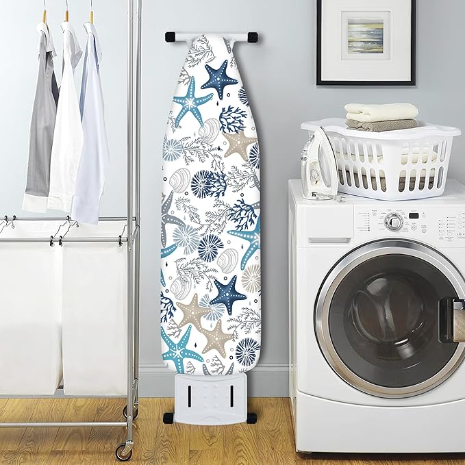 Extra Thick Ironing Board Cover and Pad, Coral Starfish Coastal 15x54 Ironing Board Cover, Resist Scorching and Staining,Elastic Edges,Nautical Blue Conch Ocean Theme