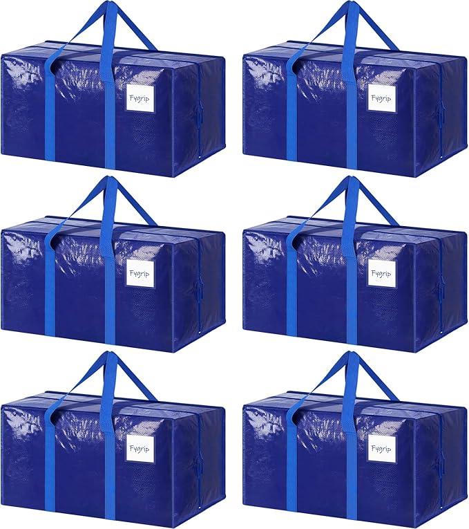 6 Pack Extra Heavy Duty Large Moving Bags with Strong Zipper & Comfortable Handles, Sturdy & Durable Clothes Storage Bags Totes Bins, Packing Moving Boxes for College Supplies, Blue-NeatNest