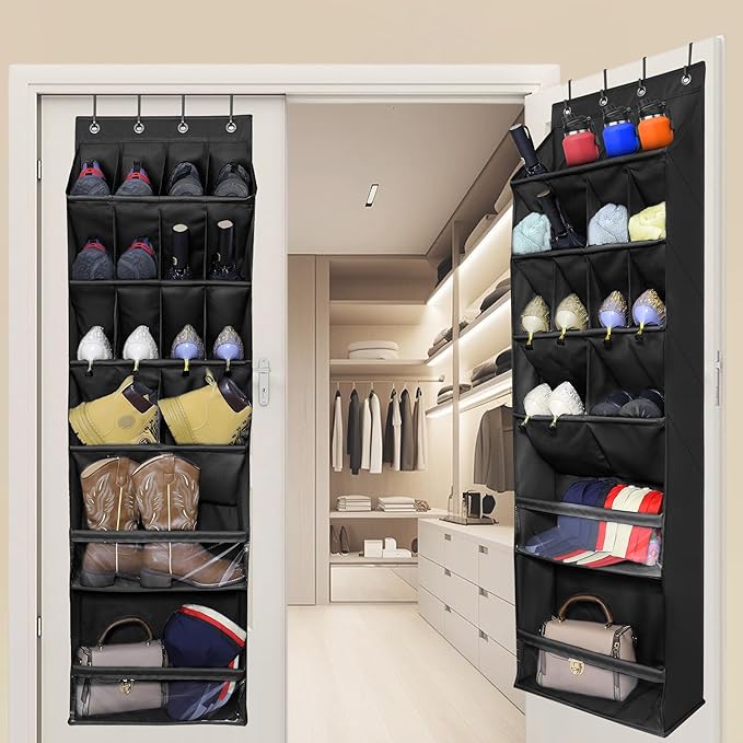 Over The Door Shoe Organizer with Large Deep Pockets Door Shoe Rack for Narrow Door Hanging Multifunction Shoe Holder for Dorm Closet Door, Black 16 Pockets-NeatNest