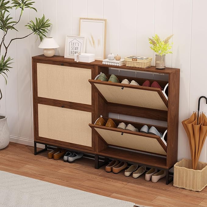 AVZEAR Freestanding Shoe Organizer with 2 Flip Drawer Doors, Entryway & Closet Shoe Storage, Linen Doors, Walnut-NeatNest