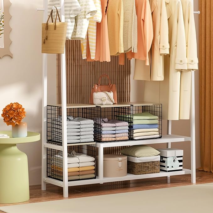 3PCS Stackable Closet Organizers and Storage, Shelves with Wood Top Extra Storage, Clothes Organizer Basket, Bin, or Tube for Wardrobe and Home Organization (Black-Sturdy Metal) Patent Pending-NeatNest