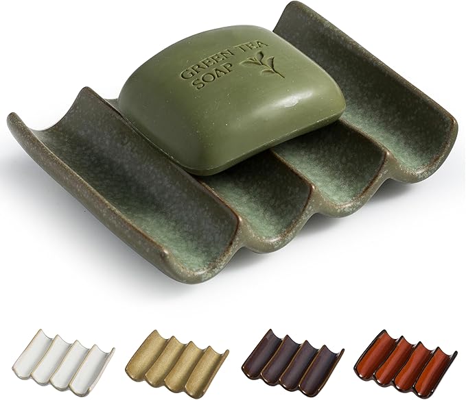 Draining Ceramic Soap Dish - Fluted Design, Bar Soap Holder for Shower & Bathroom, Soap Saver Sponge Lift, Green-NeatNest