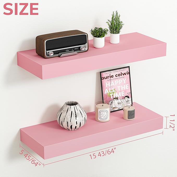 BAMEOS Pink Floating Shelves for Wall, 16" x 6" Wall Shelves for Room, Floating Book Shelves, Hanging Shelves for Bedroom, Bedroom, Living Room, Kitchen (Set of 2)-NeatNest