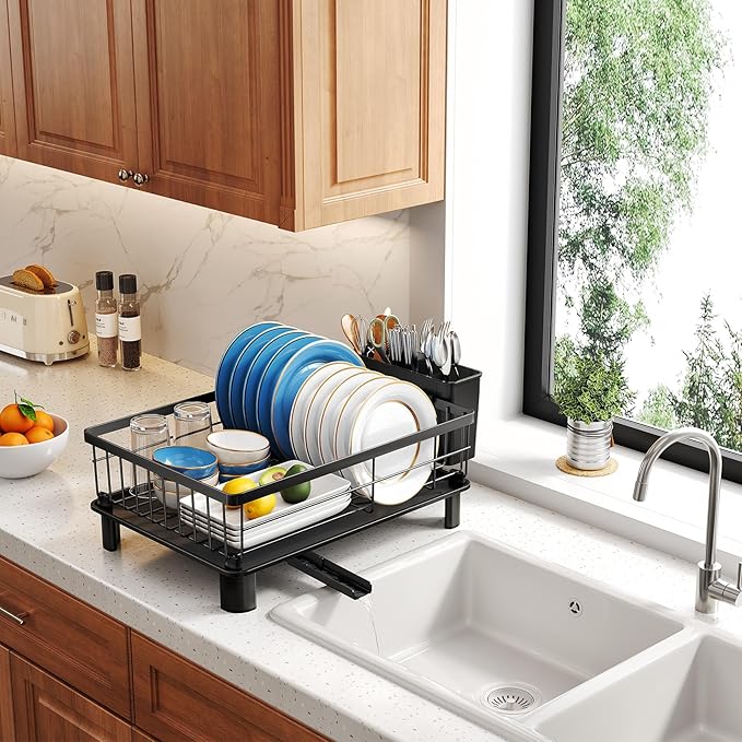 Dish Drying Rack - Small Dish Rack for Kitchen Counter, Stainless Steel Dish Drainer with Utensil Holder and Drainboard (Black)