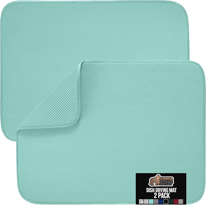 GORILLA GRIP Ultra Water Absorbent Microfiber Dish Drying Mat, Quick Dry Thick Mesh, Slip Resistant Pad for Sink Dishes or Under Rack, Kitchen Counter Accessories, 16x18, Machine Wash, 2 Pack Mint