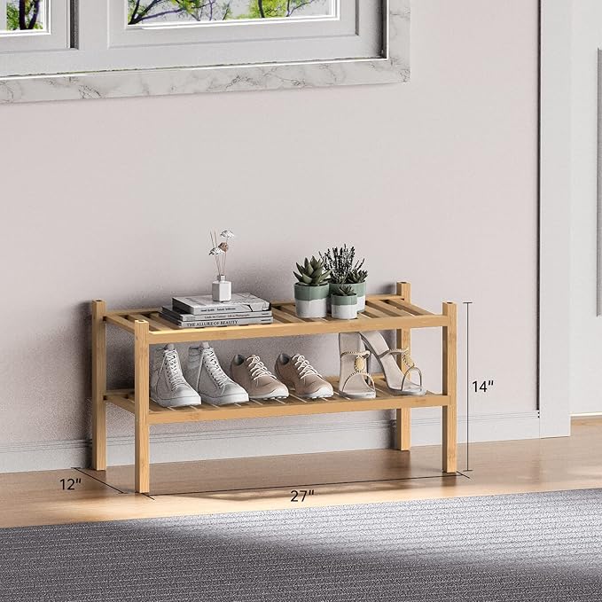 (Thick Bamboo Shoe Rack for Entryway, 2-Tier Free Standing Shoe Racks Stackable Shoe Rack Organizer for Hallway Closet Living Room 27 x12 x14 Inches-NeatNest