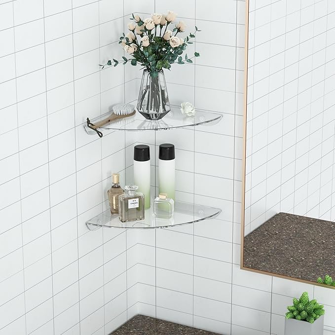 9.5x9.5 Inch Acrylic Corner Floating Shelf Set of 2, Clear Corner Wall Shelf for Home Décor, Speakers, Security Cameras, Toileries, Plants, Figures, Cosmetics, Books