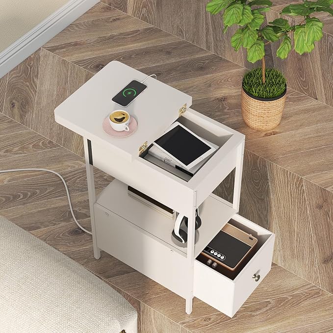 SOOWERY End Table with Charging Station, Narrow Side Table with Flip Top Cabinet and Fabric Drawer, Nightstand Bedside Tables for Small Spaces, Bedroom, Living Room, White