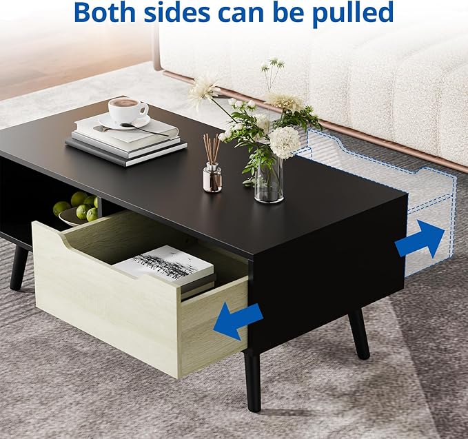Cozy Castle Modern Coffee Table, Wooden Cocktail Table with Storage, Minimalist Hallway Table, Mid Century Modern Coffee Table for Living Room Apartment Reception, Black-NeatNest