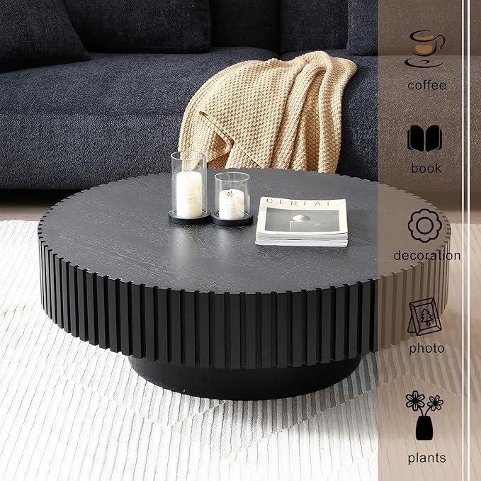31" Round Black Coffee Table for Living Room, Mid Century Modern Coffee Table with Sturdy Pedestal, Circle Center Table Accent Tea Table for Apartment