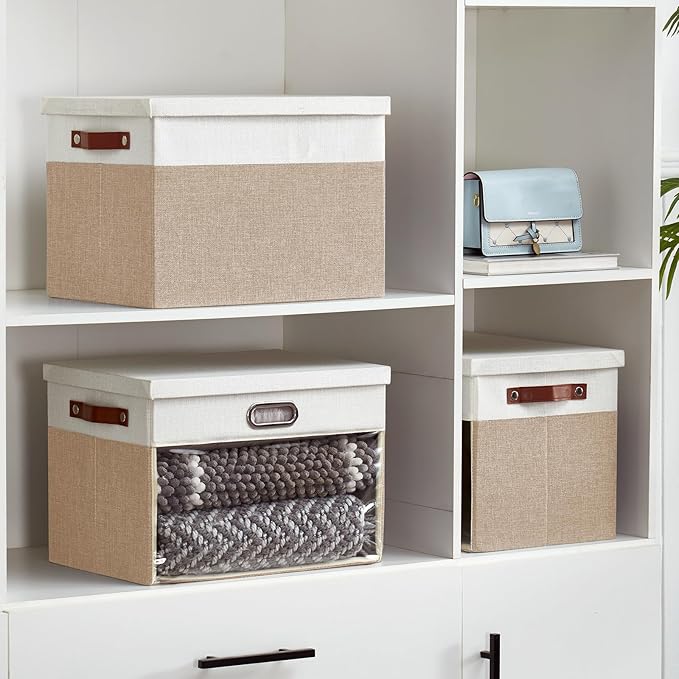 Fabric Clear Window Storage Bins with Lid, Closet Storage Box Linen Closet Baskets with 3 Handles for Organizing Clothing, Jeans, Shelves 17''- 3 Pack (Beige and White)