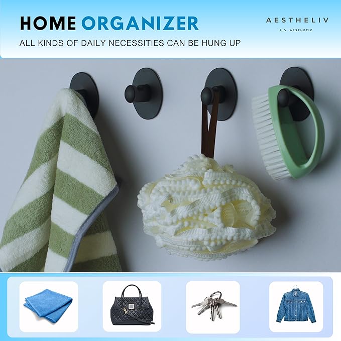 Adhesive Hooks for Hanging - 4 Packs, Sticky Hooks for Bathroom, Bedroom, Kitchen, Hotel, Office, Rust- restiant Adhesive Hook for Walls No Damage (Upto 15LBS)