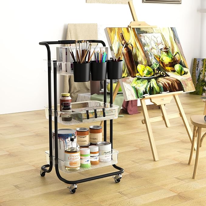 3 Tier Rolling Cart with Metal Handle, Hanging Cups, Hooks, Plastic Storage Baskets & Wheels Lockable, Utility Craft Cart for Bathroom Classroom Office Kitchen Pantry Organizers and Storage, Clear-NeatNest