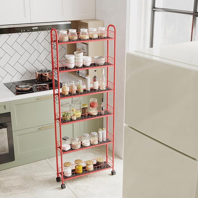 6 Tier Slim Storage Cart with Wheels Metal Rolling Organizer Utility Cart Narrow Mobile Shelving Unit Tiered Storage Shelf on Wheels for Kitchen Bathroom (Red, 6")