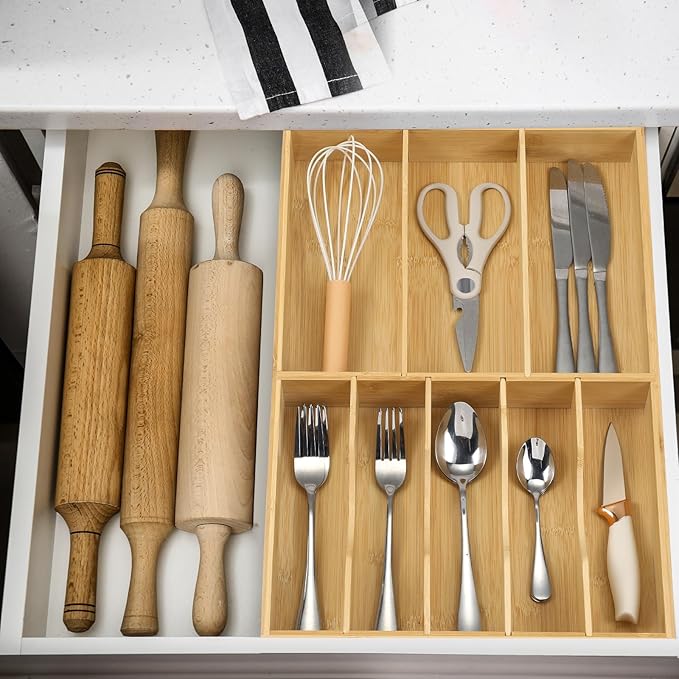Fabsome Silverware Organizer for Kitchen Drawers, 2.5'' Deep 12.8'' Wide Bamboo Wood Flatware Tray with Deep Slots for Large Cutlery Utensil Drawer