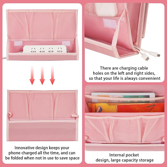 Bedside Caddy Bedside Storage Organizer Bedside Organizer with Power Strip Holder and 2 Adjustable Straps for Home Bunk Bed Dorm Sofa (Pink)-NeatNest