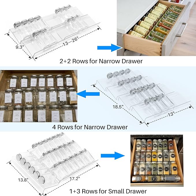 Antimbee Spice Drawer Organizer, 4 Tier- 4 Pack Acrylic Spice Rack Tray for Drawer, Expandable From 13" to 26" Kitchen Spice Rack Tray for Countertop Holds up 28 Spice Jars (Jars not Include)-NeatNest