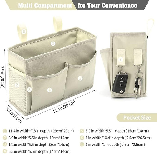 Bunk Bed Organizer, Bedside Caddy Hanging Bed Organizer Storage Bag with 4 Pockets and 2 Hooks, for College Dorm Rooms Bed, Hospital Bed, Baby Bed Rails, 600D Oxford Cloth (Beige)-NeatNest