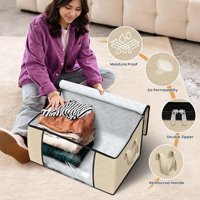 Fab totes 8 Pack Clothes Storage, Foldable Thick Fabric Blanket Storage Bags, Containers for Organizing Bedroom, Closet, Clothing, Comforter,Organization with Handle,Beige-NeatNest