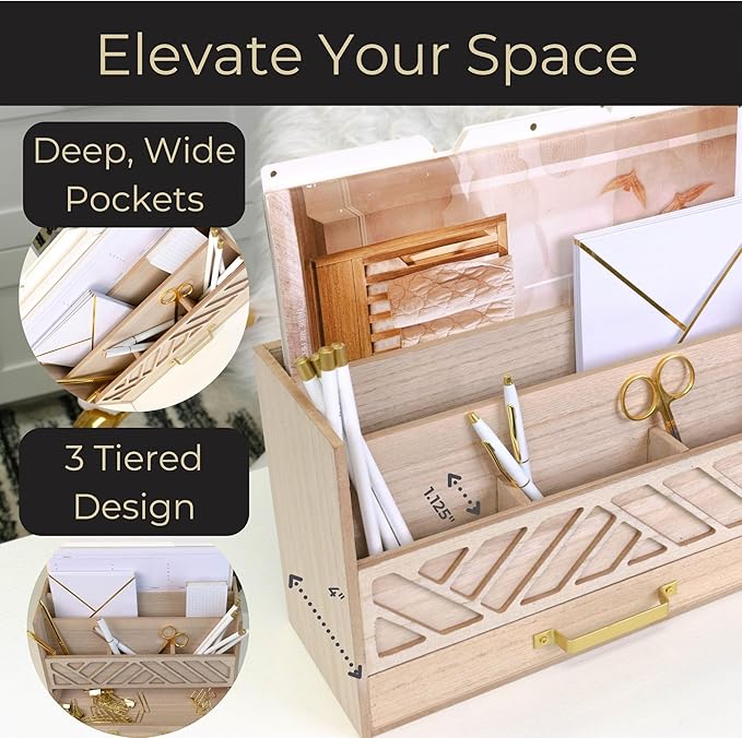 BLU MONACO Natural Mail Organizer with Drawer and Gold Handle – Desktop Mail Holder and Office Supplies Storage – Home Office Desk Accessories – Letter Sorter and Paper Organizer-NeatNest