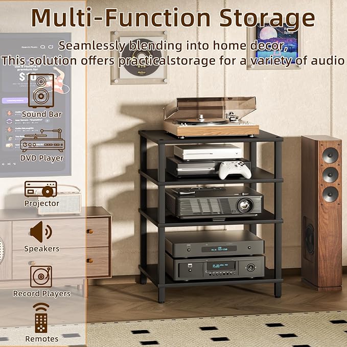 4-Tier AV Media Player Stand, Black Stereo Cabinet, Modern Stereo Cabinet, Wooden TV Stand,Game Console Shelf, Multifunctional Entertainment Center, Suitable for Home, Conference Room, Game Studio-NeatNest
