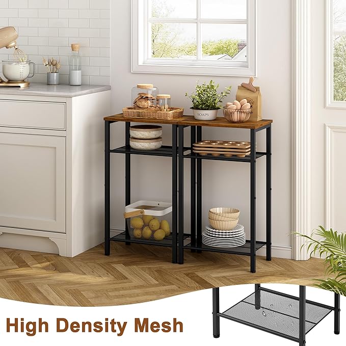 Hoctieon 3 Tier End Table, Telephone Table, Narrow Side Table with Storage, Nightstand for Small Spaces, Metal Frame, For Living Room, Bedroom, Sofa Couch, Hall, Easy Assembly, Rustic Brown