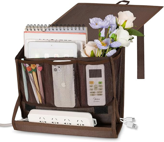 Bedside Storage Organizer with Power Strip Holder and Adjustable Straps Bed Hanging Bag for Home Bunk Bed Dorm Sofa (Brown)-NeatNest