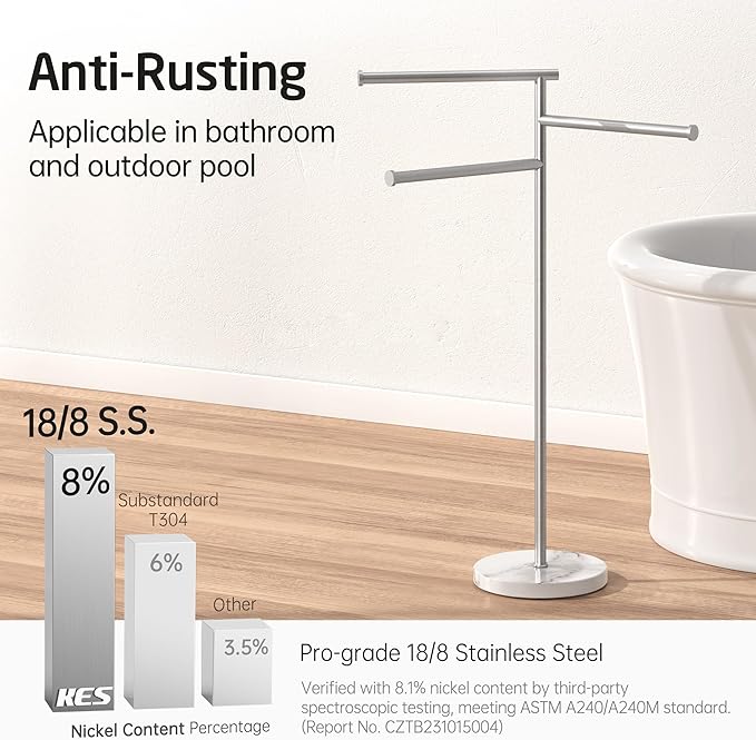 KES Free Standing Towel Racks for Bathroom with Weighted Marble Base, 40-Inch Floor Standing Towel Rack Stand, 3 Swivel Bars, Premium 18/8 Stainless Steel Brushed Finish, BTH219-2