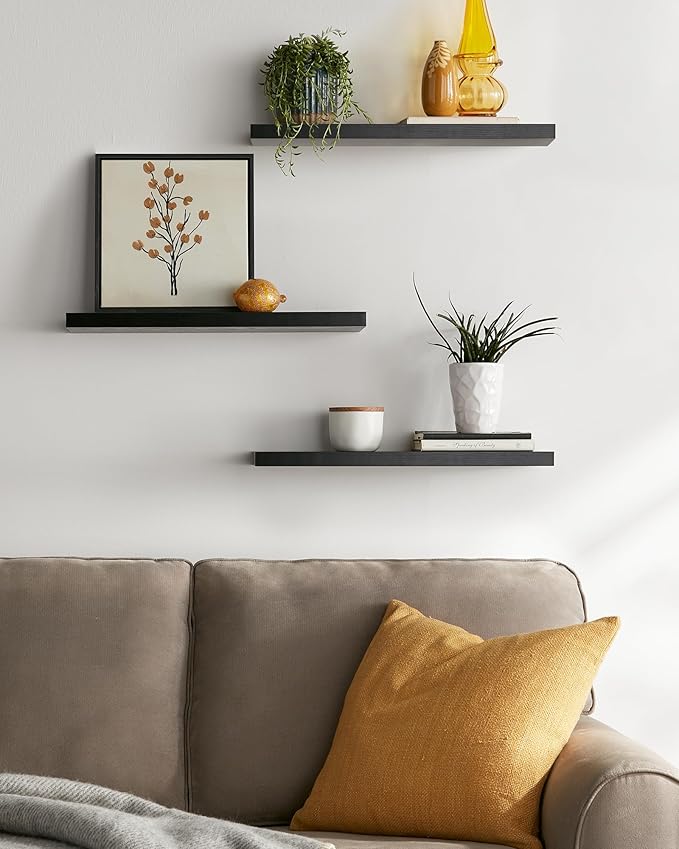 BAYKA Floating Shelves for Wall, 22.5 inches Wall Mounted Rustic Wood Shelves for Bathroom, Bedroom, Living Room, Floating Shelves for Books/Storage/Decor (Black,Set of 3)-NeatNest