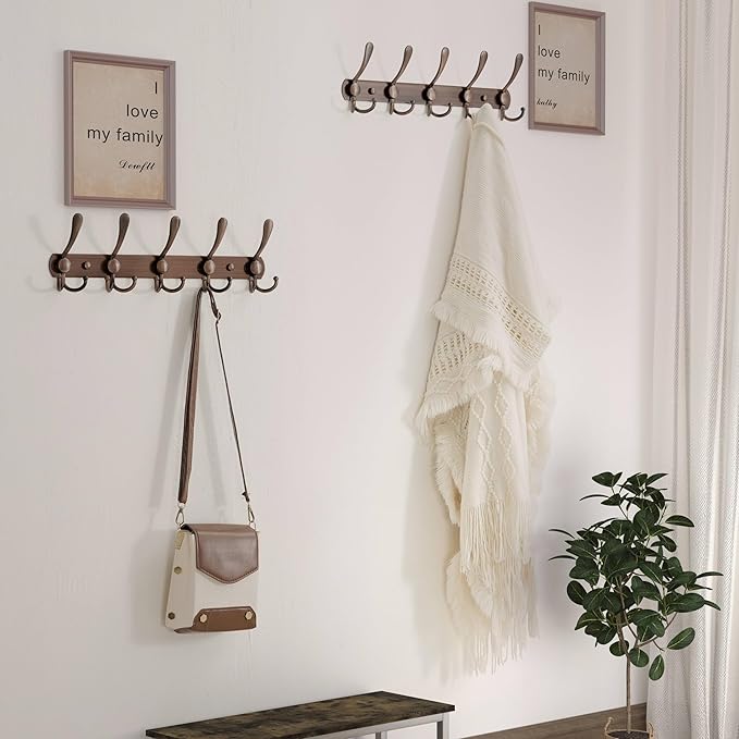 Dseap Wall Mounted Coat Rack - 5 Tri Hooks, Heavy Duty, Stainless Steel, Metal Coat Hook Rail for Coat Hat Towel Purse Robes Mudroom Bathroom Entryway (Antique Copper, 2 Packs)-NeatNest