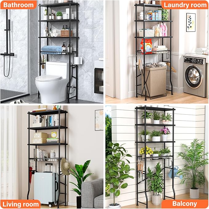 4-Tier Over-The-Toilet Storage Rack, Bathroom Organizer Shelf Over Toilet with Shelf Waterproof Feet Pad and Basket, Multifunctional Space Saver Bathroom Shelves Above Toilet for Room (Black)